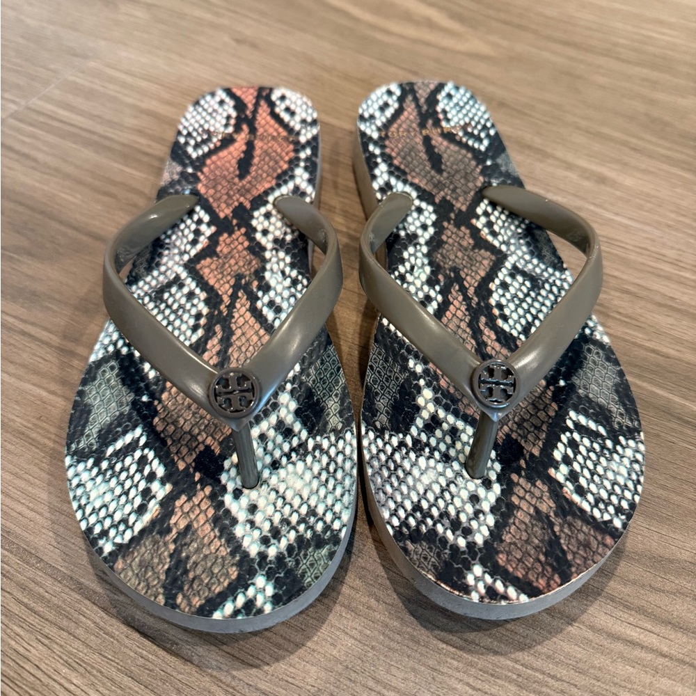 Tory Burch- snakeskin flip flop sandals
